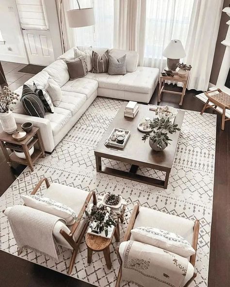 White Living Room Couch Ideas, Sectional And Couch Layout, White Sectional Living Room Decor, All Living Room Ideas, Sectional With Chase Living Room Layout, Rugs And Pillows Living Room, High Back Couches Living Room, Cozy Living Room Couch Ideas, Living Room Large Rug