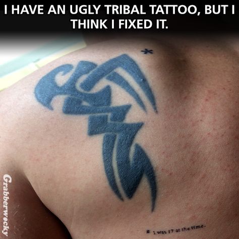 I fixed my ugly tribal tattoo. Tattoo Fixes, Tattoo Mistakes, Scar Cover Up, Clever Tattoos, Tattoo Fails, Just Ink, Bad Tattoos, Tattoo Cover-up, Funny Tattoos