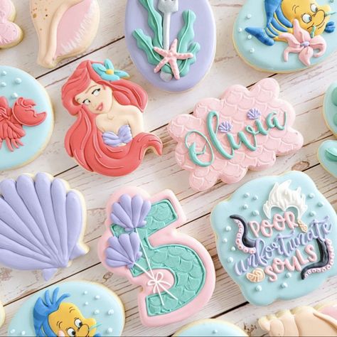 Ariel Birthday Cookies, Little Mermaid 3rd Birthday Party Girl, Ariel Cookies Decorated, Mermaid Party Cookies, The Little Mermaid Centerpieces, Little Mermaid 4th Birthday Party, Ariel First Birthday Party, Little Mermaid Cookies Decorated, Little Mermaid 3rd Birthday Party