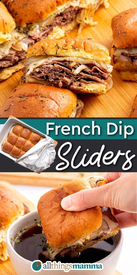 French Dip Sliders 2-image collage Roast Beef French Dip, Roast Beef Sliders Recipes, Roast Beef Au Jus, Rolled Roast Beef, Horseradish Mayo, French Dip Sliders, Sliders Recipes Beef, Sliders Recipes Hawaiian Rolls, Beef Au Jus