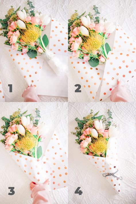 Step By Step - How to Wrap a Bouquet Like a Pro #wrap #bouquet #howto #tutorial #flowers Paper To Wrap Flowers, Wrap Bouquet Paper, Arm Bouquet Wrapped, How To Wrap A Floral Bouquet In Paper, How To Give Flowers As A Gift, Florist Trends 2023, Wrapped Flowers In Paper, How To Wrap Flowers In Paper Bouquets, How To Gift Flowers