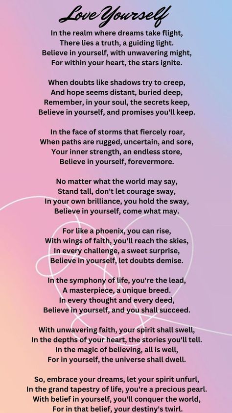 Certainly, the poem conveys a message of self-belief and confidence. It emphasizes that even when life gets tough and doubts arise, you should trust in your own abilities and inner strength. This self-belief acts as a guiding light and source of inspiration, helping you overcome obstacles and achieve your dreams. It encourages the reader to stand tall and remain steadfast, knowing that they have the power to shape their own destiny and succeed in life. Trust Poems, Yoga Poems, When Life Gets Tough, You Poem, Achieve Your Dreams, Guiding Light, Poem Quotes, Inner Strength, Stand Tall