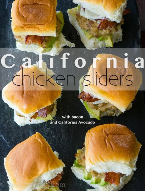 California Chicken Sliders Ground Chicken Sliders, Mini Chicken Burgers, Flavored Mayo, Easy Slider Recipes, Meat Patties, California Chicken, Chunky Guacamole, Protein Recipe, Avocado Chicken