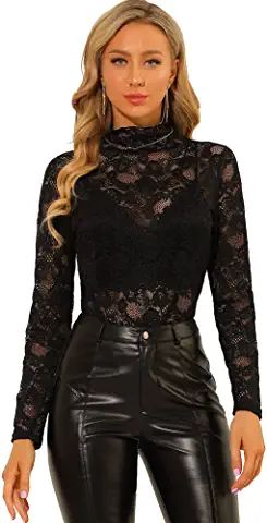 Womens Fall Wardrobe, Leather Trousers Outfit, Lace Turtleneck Top, Lace Turtleneck, Trousers Outfit, Prom Inspo, Floral Lace Blouse, Floral Lace Tops, Elegant Blouses