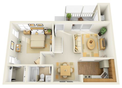 1B 1st Floor Townhome - 3D Floor Plan | by PCMG Apartments 1st Floor House Design, One Bedroom House Plans, One Bedroom House, Apartment Floor, 3d Floor Plan, Apartment Living Room Design, Apartment Floor Plans, Apartment Bedroom Decor, Bedroom Floor Plans