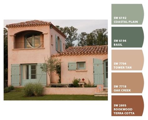 Paint colors from ColorSnap by Sherwin-Williams Yellow Spanish House Exterior, Spanish Revival Paint Colors, Mediterranean Exterior House Colors, Terracotta Stucco Exterior, Spanish Exterior Paint Colors, Mediterranean Exterior Paint Colors, Meditarian House, Spanish Style Exterior Paint Colors, House Paint Exterior Colour Schemes