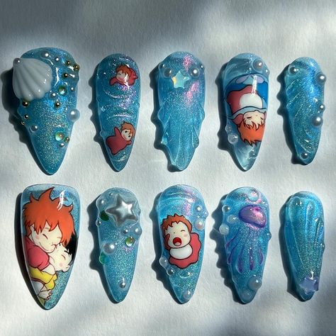 freestyled by me, check out my original post on instagram!  @/a4ngelnails Ponyo Nails Art, Ponyo Inspired Nails, Ponyo Nails Studio Ghibli, Studio Ghibli Nail Art, Ponyo Nails, Studio Ghibli Nails, Nail Design Blue, Ghibli Nails, Heavy Burden