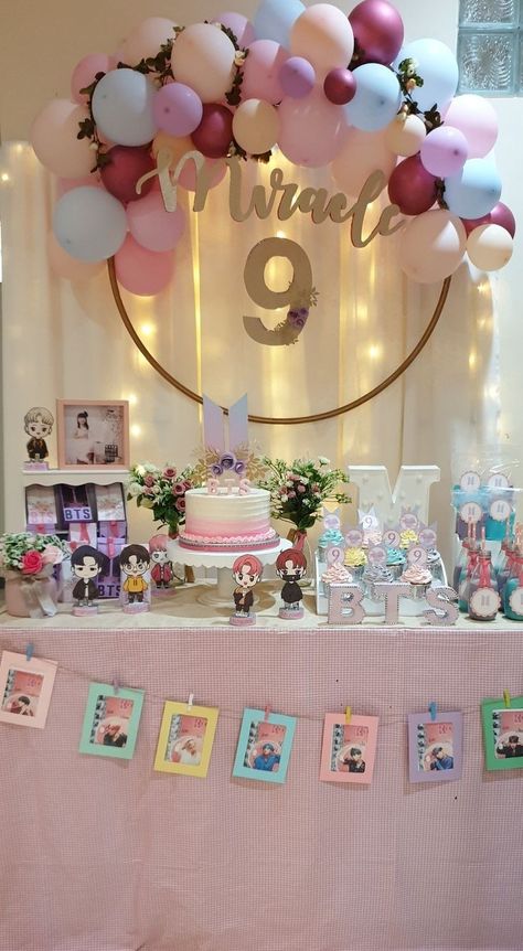 Bt21 Birthday Theme, Kpop Birthday Decorations, Kpop Theme Birthday, Bts Birthday Cakes, Kpop Themed Birthday Party, Bts Themed Birthday Party, Bts Theme Cake, Birthday Decorations Ideas, Twice Birthdays