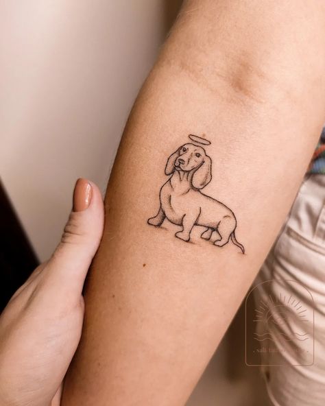 Mini Daschund Tattoo, Dauchsands Tattoo Ideas, Dapple Dachshund Tattoo, Pretty Lady Tattoo, Mini Dachshund Tattoo, Dachshund Line Tattoo, Dauschaund Tattoo, Daushaund Tattoo, Dog Tattoo Dachshund