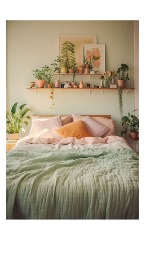 Green Orange And Pink Living Room, Mint Green And Peach Bedroom, Pink Orange Green Aesthetic, Peach And Green Room, Green Peach Bedroom, Pink Green Orange Bedroom, Pink And Green Boho Bedroom, Light Pink And Green Bedroom, Peach Color Bedroom Ideas