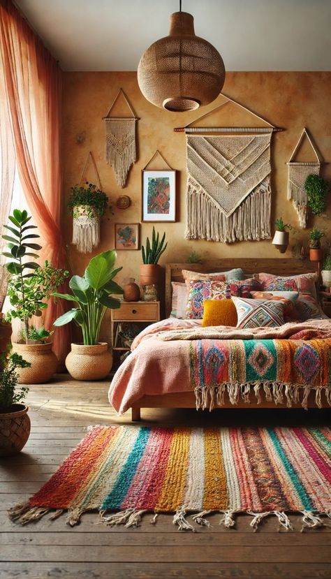 Boho Bedroom Eclectic, Boho Colourful Bedroom, Cosy Boho Bedroom, Earthy Bedroom Colors, Boho Bedroom Wall Colors, Living Boho Chic, Boho Feature Wall, Modern Boho Chic Bedroom, Boho Art Studio