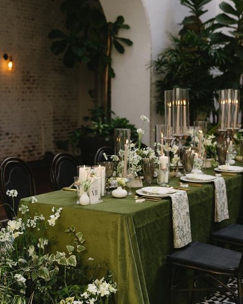 Greens Dinner, Green Velvet Wedding, Green Tablescape, Cake Artist, Green Table, Wedding Linens, Wedding Table Settings, Wedding Mood Board, Wedding Mood