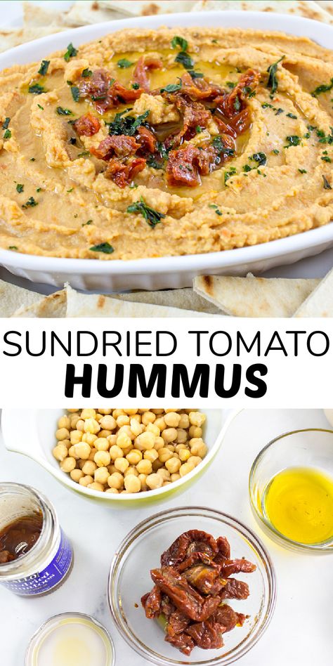 Sundried Tomato Hummus Recipe, Hummus With Sundried Tomatoes, Sundried Tomatoes Recipes, Sundried Tomato Butter, Tomato Hummus Recipe, Sundried Tomato Hummus, Sundried Tomato Recipes, Vegan Spreads, Sun Dried Tomato Hummus