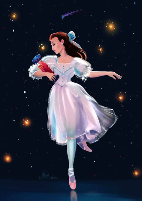 The Midnight Dance- Clara and her Nutcracker dancing in ballet in the sparkling stars of the Christmas night Ballet Wallpaper, Ballet Illustration, Disney Mignon, Karakter Disney, Ballet Art, Dance Poster, Nutcracker Ballet, Disney Princess Art, Barbie Princess