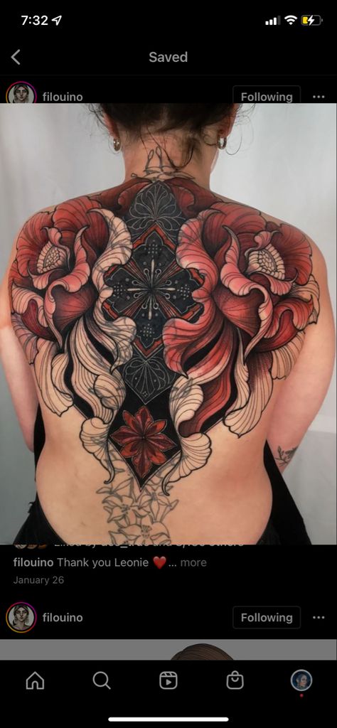 Neo Ornamental Tattoo, Full Back Colored Tattoo Women, Neotrad Back Piece, Full Back Tattoo Women Color, Full Body Piece Tattoo, Neo Traditional Back Tattoo Women, Neo Traditional Tattoos For Women, Ornamental Tattoo Color, Neo Trad Back Tattoo