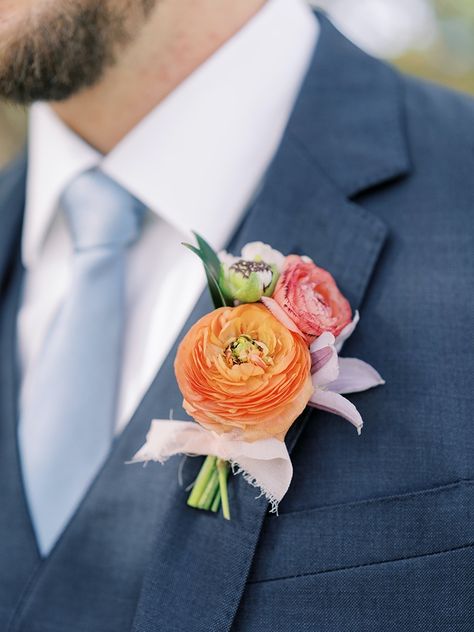 Pink Orange Boutonniere, Dahlia Boutineer, Colorful Boutineers, Spring Wedding Boutonniere, Colourful Boutonniere, Bright Boutonniere, Spring Groomsmen Attire, Summer Boutonniere, Colorful Boutonniere