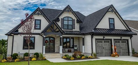 White House Dark Trim Exterior, Dark Siding With Black Trim, Cream Siding Black Trim, Dark Grey House Exterior White Trim Brown Roof, Slate Exterior House Colors, Cream House Black Trim, Tan House Black Windows, White House Black Trim Exterior Vinyl Siding, Tan House Black Roof