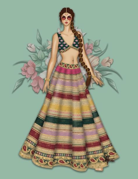 Indian Fashion Croquis, Bridal Illustration Indian Sketches, Indian Dress Illustration, Digital Fashion Illustration Sketches, Lehenga Illustration Sketch, Lehenga Fashion Illustration, Mehendi Sketch, Lehenga Illustration, Dress Illustration Design