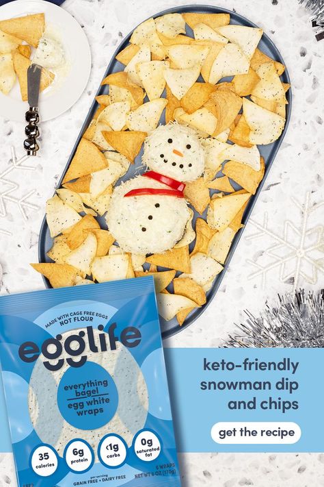 Enjoy a festive, cheesy snowman dip with low carb egglife wrap chips for a macro friendly appetizer that all your guests can enjoy. Whether they’re eating gluten free, staying low carb, or just feeling snacky, this recipe will be a hit at any holiday gathering! Snowman Dip, Snowman Cheese Ball, Egg White Wraps, Cheese Ball Dip, Snowman Recipes, Egg Whites Wrap, Eating Gluten Free, Low Carb Chips, Egg Wrap