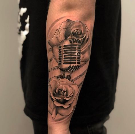 Black and grey Microphone and roses music theme sleeve Hon Tattoo Music Tattoo Designs Sleeve, Mic Tattoo, Microphone Tattoo, Realism Tattoos, Music Tattoo Designs, Roses Tattoo, Music Tattoo, Rap Artists, Tattoos Gallery