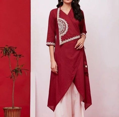 Angarkha Kurti Pattern Cotton, Wrap Kurti Design, Ang Rakha Style Kurti, Up Down Kurti Pattern, Wrap Kurti, Angarkha Kurti Pattern, New Style Kurti Design, Cotton Kurti Pattern, Angrakha Style Kurti