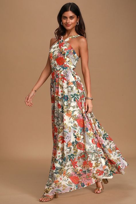 The fabric is gorgeous. The dress fit perfectly. This is a perfect summertime wedding dress. Great colour and fit. The fabric is lightweight. #women #floral #maxi #summer #dress Full Maxi Skirt, Knit Dresses, Wedding Guest Dresses, Coast Wedding, Floral Print Maxi Dress, Floral Print Maxi, Cute Summer Dresses, Halter Maxi Dresses, Ruffled Maxi Dress