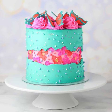 Team Cake Ideas, Summer Cake Designs, Fancy Cake Ideas, Summer Cake Ideas, Bright Cakes, Teal Cake, Summer Cake, Holiday Desserts Table, Buttercream Flower Cake