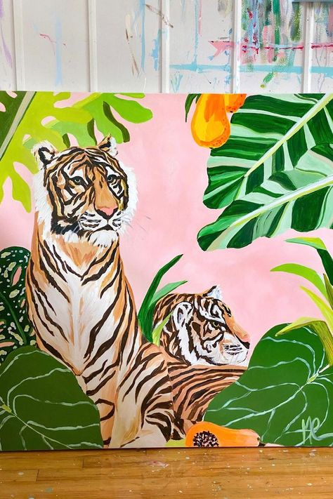 Tiger Painting Acrylic, Wall Art 2022, Animal Painting Ideas, Birds Reference, Jungle Drawing, Jungle Painting, Jungle Cats, Watercolor Tiger, Safari Art