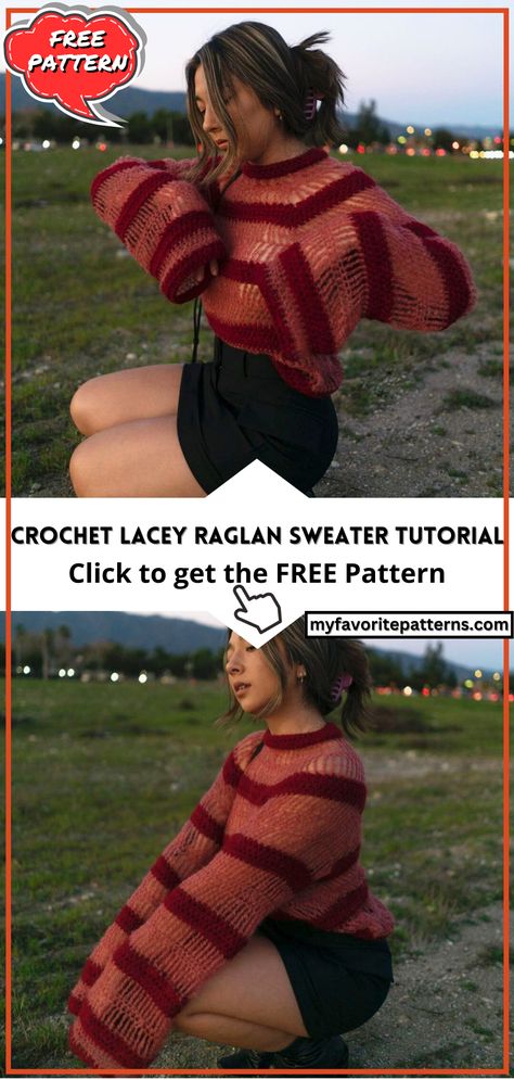 Crochet Lacey Raglan Sweater Tutorial Sparkly Yarn Crochet Projects, Raglan Sweater Crochet Pattern Free, Raglan Crochet Top, Raglan Sweater Crochet Pattern, Quick Crochet Sweater Pattern Free, Raglan Crochet Sweater Pattern Free, Unique Crochet Ideas Creative, Free Winter Crochet Patterns, Crochet Baggy Sweater