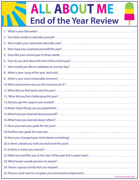 This FREE printable end-of-the-year review activity helps students to reflect and set new goals in a fun way using writing and doodles. These 50 free questions are ideal for the last week of school - a useful, low prep resource for busy teachers looking for a fun way to end the year. You can use this activity in your classroom, or as a reflective homework activity at the end of the year. Build a colorful, collaborative end-of-year bulletin board or door display. Get the free 9 page download! Social Studies End Of Year Activities, End Of The School Year Activities, Back To School Art Activity, 5th Grade Activities, Homework Activities, Writing Prompts For Kids, End Of Year Activities, Summer Reading Program, Review Activities