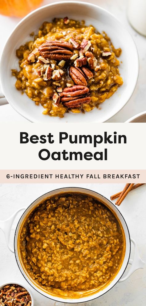 This cozy pumpkin oatmeal makes for the perfect healthy fall breakfast. It's loaded with pumpkin flavor and warm spices and is super easy to make with just 6 ingredients. Pumpkin Seed Oatmeal, Fall Healthy Recipes, Fall Oatmeal, Healthy Pumpkin Oatmeal, Easy Pumpkin Oatmeal, Healthy Fall Breakfast, Recipes Squash, Fall Recipes Breakfast, Inflammation Recipes