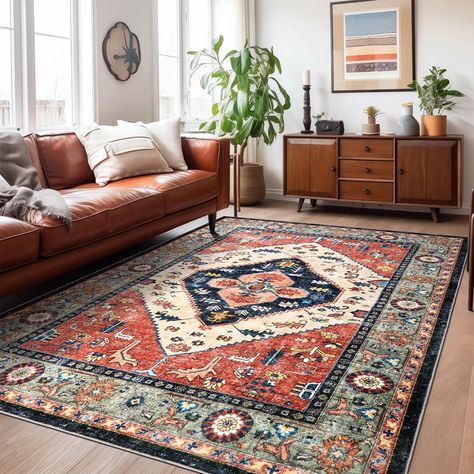 Rust Area Rug Living Room, Red Rug Office, Carpet Rugs Living Room, Living Room Rugs With Dark Grey Couch, Morracon Home Decor Living Room, Apartment Rugs Living Room, Red Persian Rug Living Room Decor, Mid Century Modern Living Room Rug, Living Room Decor Cozy Vintage