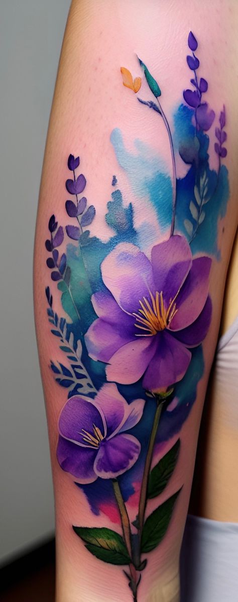 Fun floral watercolor tattoo by me DTM Bright Watercolor Tattoo, Feminine Tattoo Sleeves Watercolor, Colour Cover Up Tattoo, Teal And Purple Tattoos, Watercolor Tattoo Style, Modern Floral Tattoo, Large Colorful Tattoos, Colour Flowers Tattoo, Floral Tattoos Color