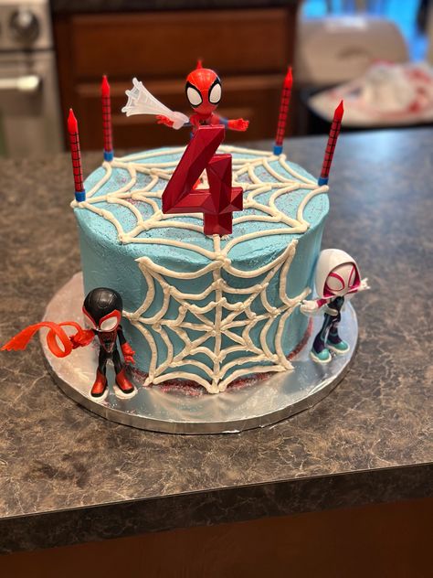 Spidey Friends Birthday Cake, Boy 4th Birthday Cake, Diy Spiderman Birthday Cake, Spider And Friends Birthday Cake, 4 Year Birthday Cake For Boys, Spiderman Cake 4th Birthday, Spiderman Birthday Party 4, Spidey And Friends Birthday Party Food, Spidey And Friends Birthday Cake