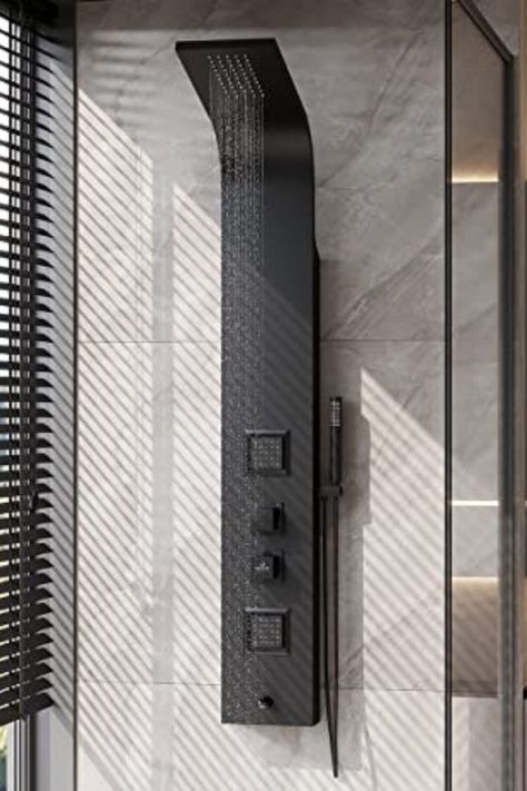 Black Aluminum Shower Panel for the Modern Bathroom - Monsoon Full Body Shower System. Jet Shower Bathroom, Full Body Shower System, Electric Showers Modern, Modern Shower Design Tile, Smart Shower Ideas, Shower Systems Walk In, Shower Tower Systems, Modern Shower System, Modern Full Bathroom Design