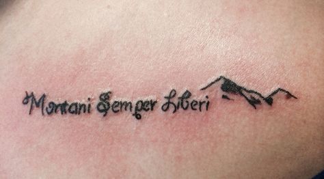 Montani Semper Liberi tattoo done by Devyn McDaniel it means "mountaineers are always free" #wv #mountains #latin Montani Semper Liberi Tattoo, Wvu Tattoos, Country Roads Tattoo, Wv Tattoo Ideas, Wv Tattoo, West Virginia Tattoo, Wv Mountains, Latin Sayings, Jordan Sparks