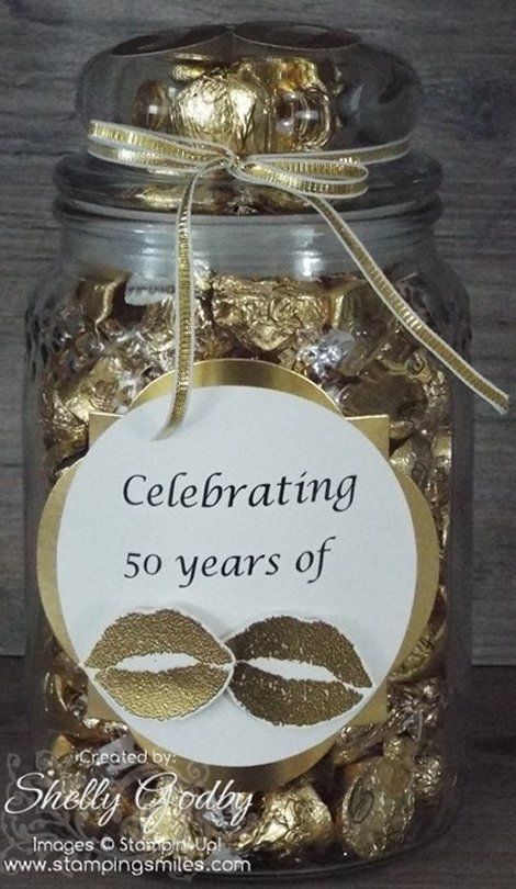 50 Kisses for a 50th Anniversary - What a cute (and easy) homemade 50th anniversary gift idea!  #anniversary #50thanniversary #anniversarygifts #gift #gifts #giftideas #present #DIY 50th Wedding Anniversary Gifts, 50th Year Wedding Anniversary, 50th Wedding Anniversary Decorations, 50th Anniversary Decorations, Golden Anniversary Gifts, Anniversary Diy, 50th Wedding Anniversary Party, Wedding Anniversary Decorations, Anniversary Gift Diy