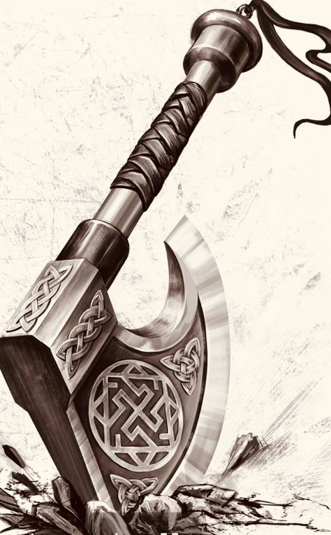 Viking Hammer Tattoo Design, Viking Axes Tattoos, Viking Axes Design Tattoo, Viking Axes Design, Thor Hammer Tattoo, Viking Drawings, Celtic Sleeve Tattoos, Hammer Tattoo, Viking Warrior Tattoos