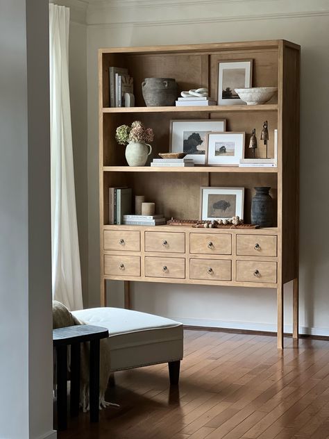 Zoe Cabinet - Overstock - 35697468 curated on LTK Shelving In Dining Room Shelf Ideas, Dining Room Bookcase Styling, Tall Shelves Living Room, Faux Limewash, Cabinet In Living Room, Dark Gray Walls, Limewash Wall, Cabinet Styling, Hygge House