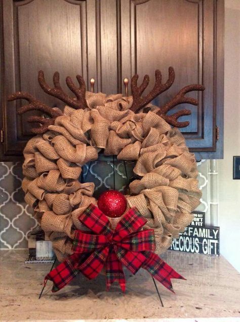 Reindeer Wreath made with Burlap                                                                                                                                                                                 More Rudolph Wreath, Burlap Reindeer, Wreaths Burlap, Reindeer Wreath, Reindeer Decorations, Burlap Christmas, Wreath Christmas, Christmas Wreaths Diy, Wreath Crafts