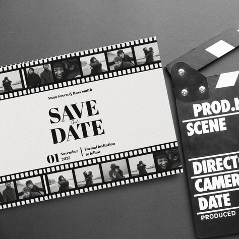 Film Inspired Wedding, Save The Date Unique Ideas, Film Theme Wedding, Movie Strip, Cinema Themed Wedding, Gala Aesthetic, Sabe The Date, Date Movie, Safe The Date