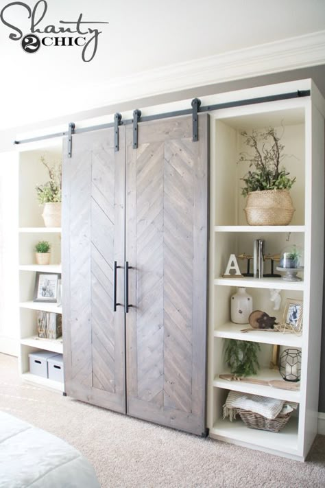 Barn Door Media Console, Barn Door Console, Diy Sliding Barn Door, Kabinet Dapur, Diy Living Room Decor, Bookcase Wall, Sliding Barn Door Hardware, Interior Barn Doors, Living Room Diy