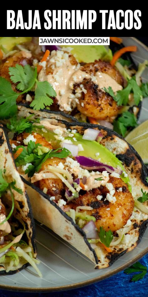 Shrimp Taco Recipes Sauces, Shrimp Baja Tacos, Shrimp Fish Tacos, Mexican Lobster Recipes, Baja Slaw Recipe, Shrimp Tacos Spicy Mayo, Street Corn Shrimp Tacos, Bam Bam Shrimp Tacos, Shrimp Recipes Mexican Style