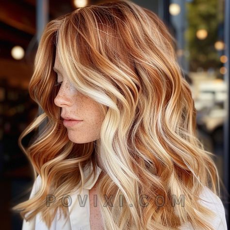 Fall Highlights For Blondes, Subtle Fall Hair, Highlights For Blondes, Trendy Fall Hair Color, Copper Blonde Hair Color, Fall Highlights, Red Hair With Blonde Highlights, Copper Blonde Hair, Red Blonde Hair