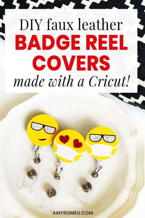 DIY Badge Reel Cover with Emoji Masks made with a Cricut. Step by step tutorial and SVG cut file at amyromeu.com Diy Badge Reel, Emoji Mask, Nurse Crafts, Badge Holders Diy, Badge Reels Diy, Diy Nursing, Badges Diy, Reel Cover, Cricut Explore Projects