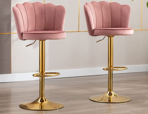 AmazonSmile: Kmax Velvet Bar Stools Swivel Height Adjustable Counter Stools with Golden Base Nailhead Footrest Petal Back for Kitchen Island, Set of 2- Dark Pink : Home & Kitchen Baby Pink Bar Stool, Blush Pink Bar Stools, Pink Barstools In Kitchen, Pink Barstools, Chairs For Kitchen Island, Woven Bar Stools, Pink Bar Stools, Apartment Bar, Girl Apartment