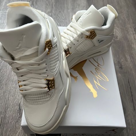 Brand New In Box Wmns Sail/ Metallic Gold Black Air Jordan 4 Retro Jordan 4 Metallic, Shoe List, Shoes Board, Jordan 4’s, Doll Nursery, Baby Doll Nursery, Jordan Retro 4, Trendy Shoes Sneakers, Jordan 4s