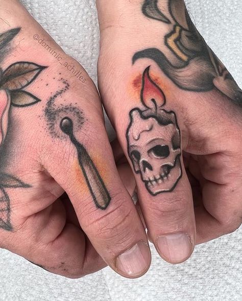 DOMINIC ACHILLES • NEOTRAD on Instagram: "Danke Tim! 🔥💀🕯 #matchsticktattoo #skulltattoo #streichholztattoo #thumbtattoo" Tattoo Designs Symbols, Wedding Rings For Couples, Coffin Tattoo, Traditional Hand Tattoo, 2023 Tattoo, Old School Tattoos, Thumb Tattoos, Left Arm Tattoos, Rings For Couples