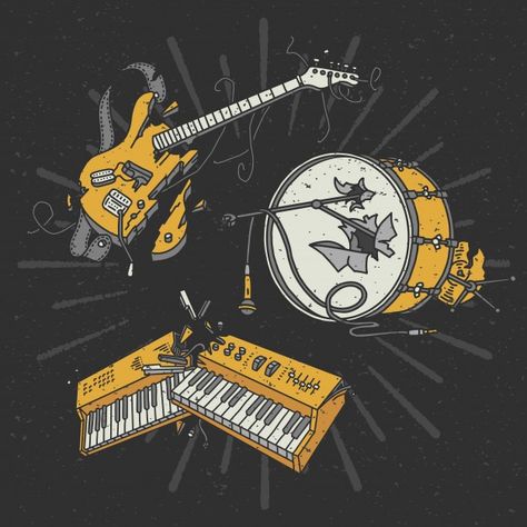 Yellow Aesthetics, Broken Guitar, Guitar Illustration, Guitar Drawing, Guitar Posters, Strange Music, Dark Water, Badge Template, Classic Rock Bands