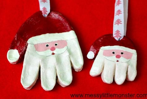 DIY Christmas Ornaments to Make With Toddlers santa hands made from clay and painted as santa faces Diy Christmas Ornaments For Toddlers, Ornament Dough, Santa Handprint Ornament, Santa Handprint, Christmas Presents For Girls, Easy Ornaments, Handprint Ornaments, Easy Holidays Crafts, Inexpensive Christmas Gifts